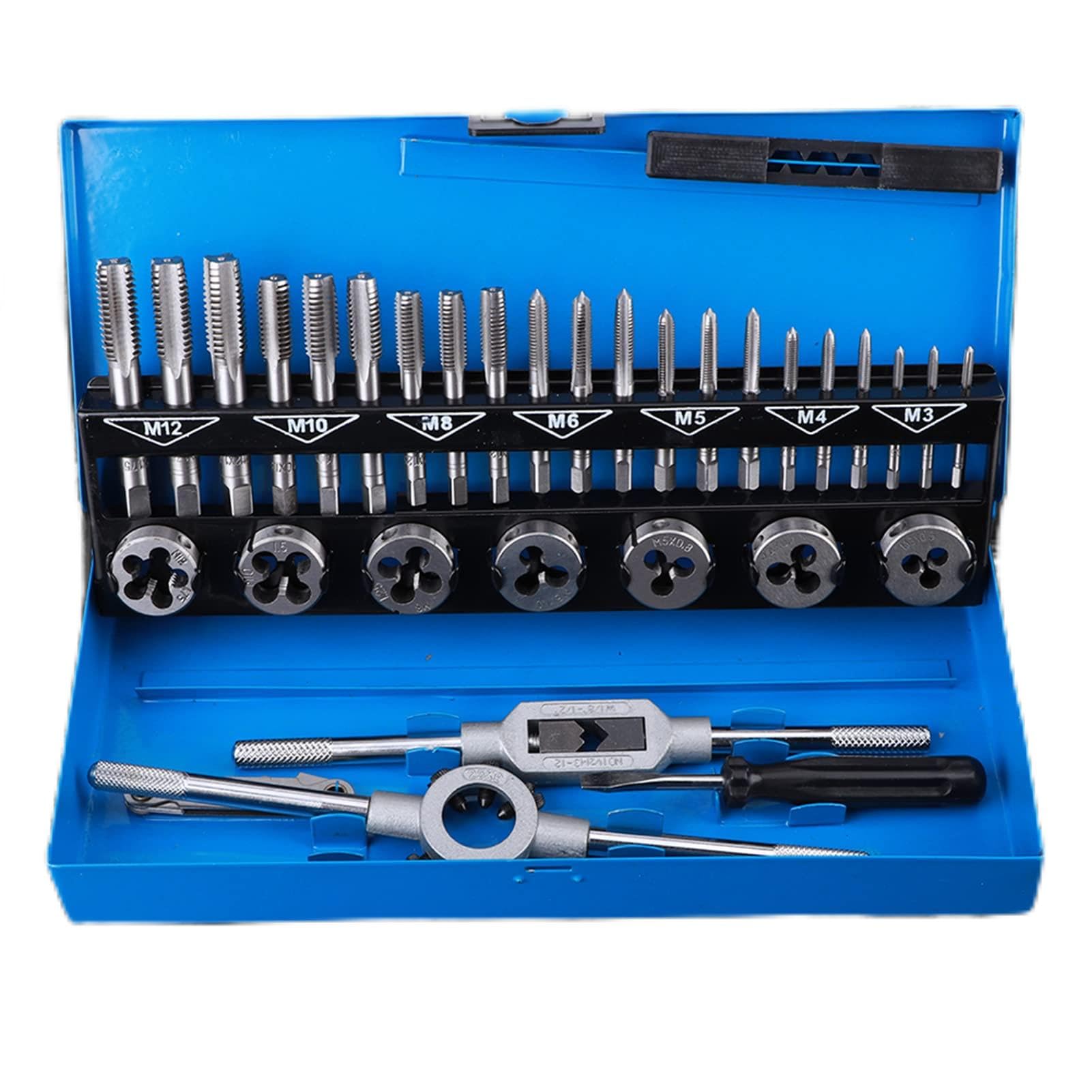 Fafeicy 32Pcs/Set Tap and Die Set, Blue Bearing Steel Adjustable Threaded Tap and Die Set, Rethread Tool Kit with Storage Bag, Tap Plate tooth set