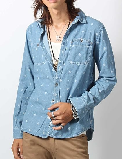 Amazon お兄系 デニム シャツ メンズ スノードットデニムシャツ デニムシャツ デニム キレイめ ライトブルーl シャツ 通販