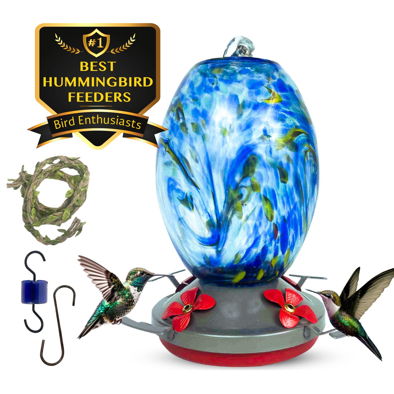 Photo 1 of Nature Gear Hummingbird Feeder, Hanging-Mount Glass Hummingbird Feeders for Outdoors, Hand-Blown Glass Feeder with Ant Moat for Garden Hummingbirds, Easy to Clean & Rust Resistant, Sky Blue