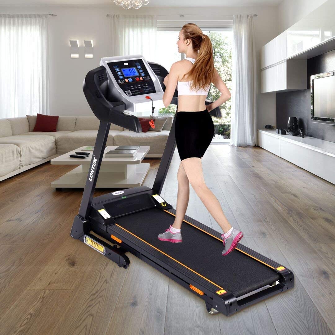 Lontek Tapis de Course 14km/h inclinable motorisé 1.75cv 12 programmes,Pliable LCD 5 Pouces