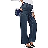 OUGES Womens Adjustable Waistband Cotton Blend Stretchy Maternity Jeans Loose Fit Straight Leg Denim Wide Leg Work Pants