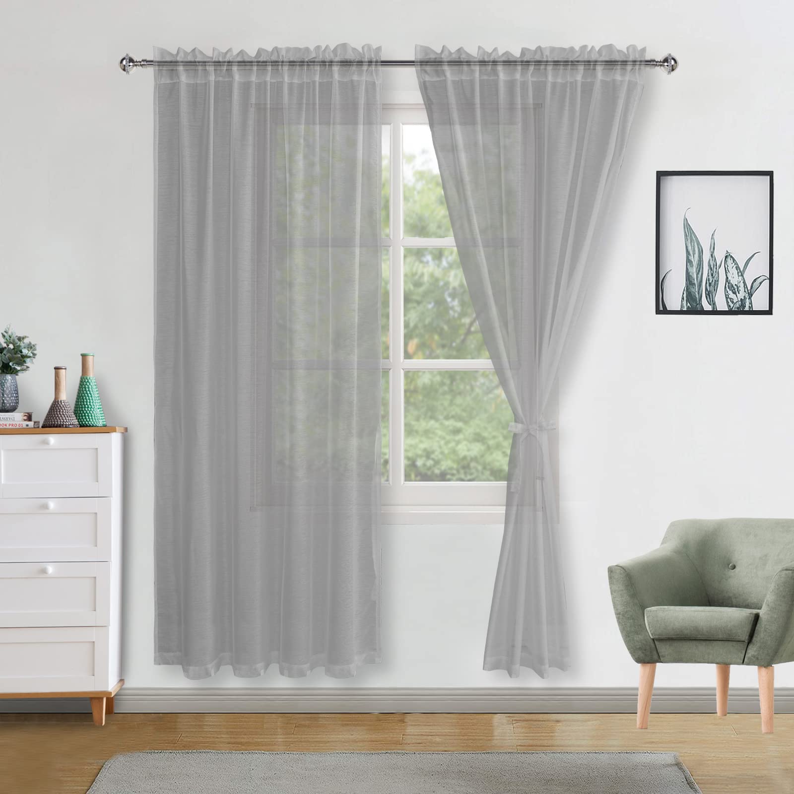 DWCN Grey Voile Curtains 84 Drop Pair Slot Top Window Net Curtain Light Filtering Semi Transparent Elegant Soft Sheer Curtains with Tiebacks for Living Room/Bedroom/Kitchen,52 Inch Wide,2 Panels