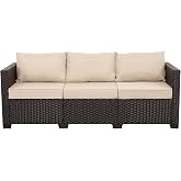 WAROOM Patio Couch PE Rattan 3-Seat Outdoor Sofa Brown Wicker Furniture Set Deep Seating with Anti-Slip Beige Cushion