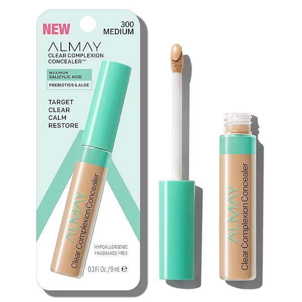 ALMAY CLEAR COMPLEXION ACNE & BLEMISH SPOT TREATMENT CONCEALER MAKEUP WITH SALICYLIC ACID- LIGHTWEIGHT, FULL COVERAGE, HYPOALLERGENIC, FRAGRANCE-FREE, FOR SENSITIVE SKIN, 300 MEDIUM, 0.3 FL OZ.