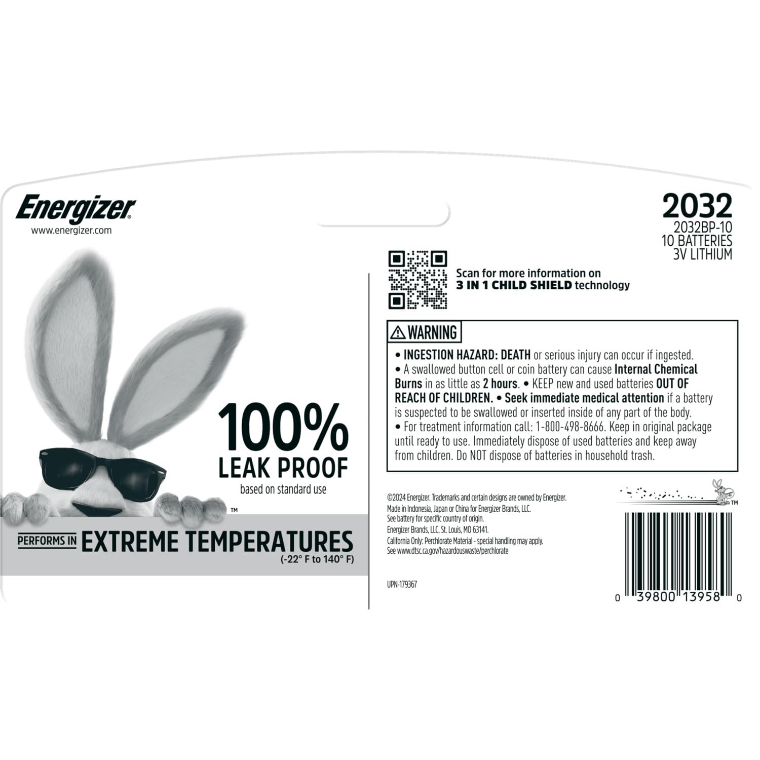 Energizer 2032 Batteries (10 Pack), 3V Lithium Coin Batteries with 3-in-1 Child Shield