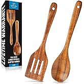 Zulay Kitchen Teak Wood Utensil Set – 2 Piece Large Wooden Cooking Spoon and Slotted Turner, Handcrafted Natural Teak Wood Ki