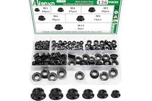 Aienxn 136PCS 6 Metric Sizes Black Carbon Steel Hex Flange Nuts Assortment Kit -M3, M4, M5, M6, M8, M10
