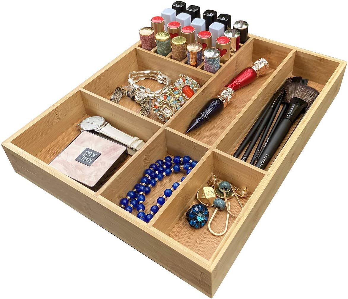 Simhoo Bamboo Bathroom Makeup Drawer Organizer Storage Box Dividers for Cosmetic,Beauty Accessories, Brush.Ornament…