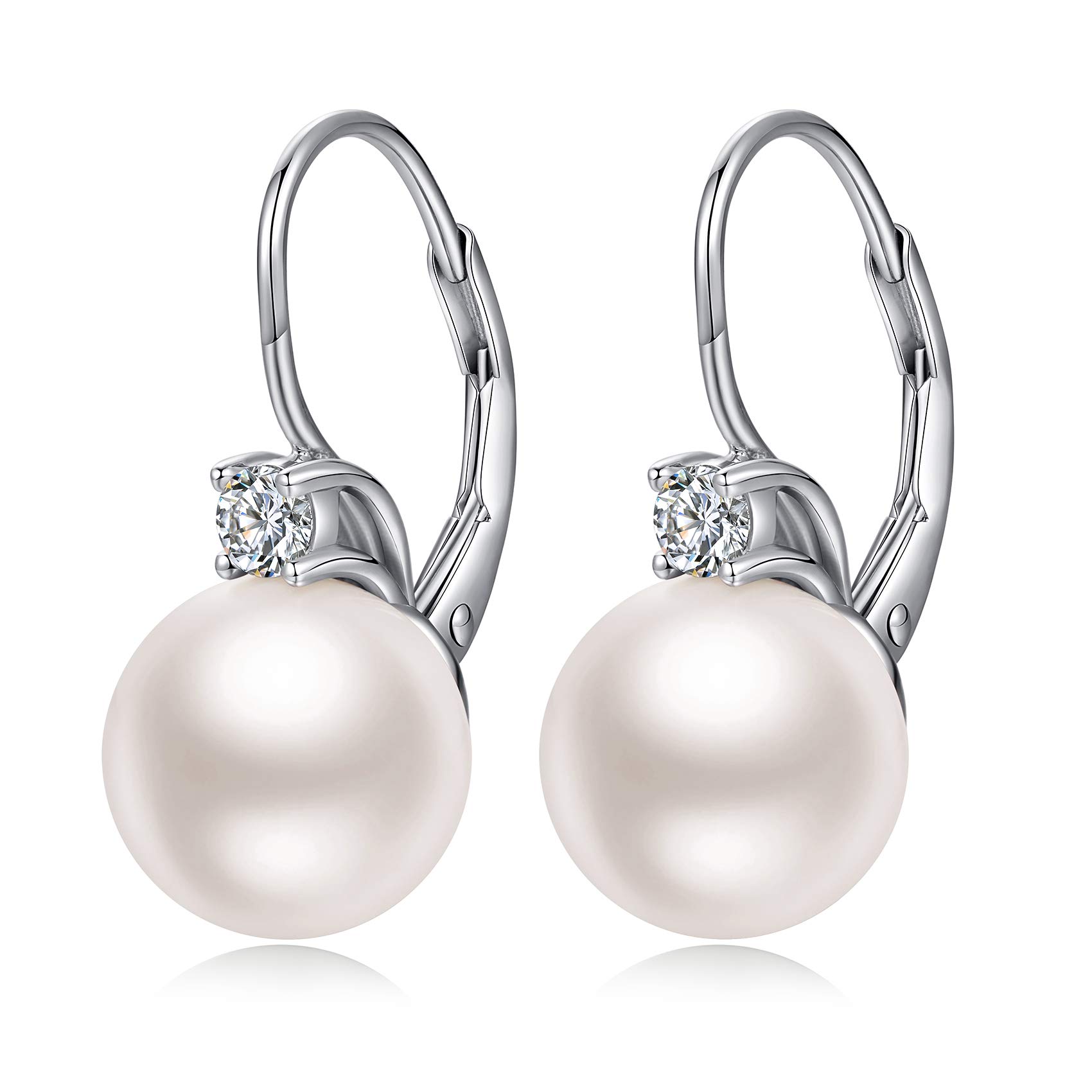 Pearl Earrings, Pearl Dangle Earrings Sterling Silver Pearl Earrings for Women Silver Pearl Drop Earrings Pearl Leverback Earrings Freshwater Pearl Dangling Drop Earrings Pearl Earring Dangle 10MM