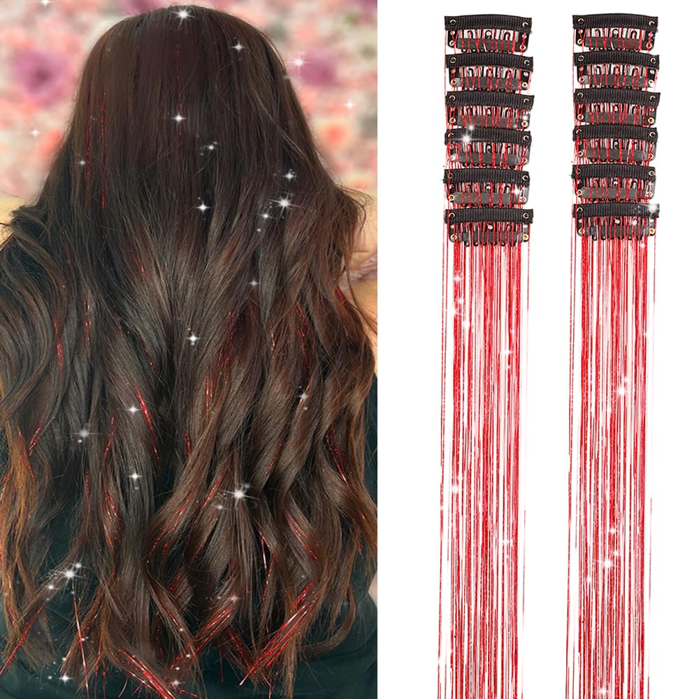Photo 1 of Hair Tinsel Pack of 12 Pcs Clip in Hair Tinsel Glitter Red Tinsel Hair Extensions, Festival Tinsel Fairy Hair Extension Party Dazzle Hair Accessories Strands Kit for Women Girls Kids(12Pcs,Red#)