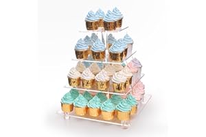 ANTIMBEE 4 Tier Clear Cupcake Stand with Gold LED String Lights, Acrylic Cupcake Display Holder for Weddings, Birthday, Anniversary, Party Events