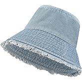 Yonchic Washed Cotton Denim Bucket Hat, Summer Outdoor Wide Brim Lightweight Cap for Women, Beach Packable Travel Hat