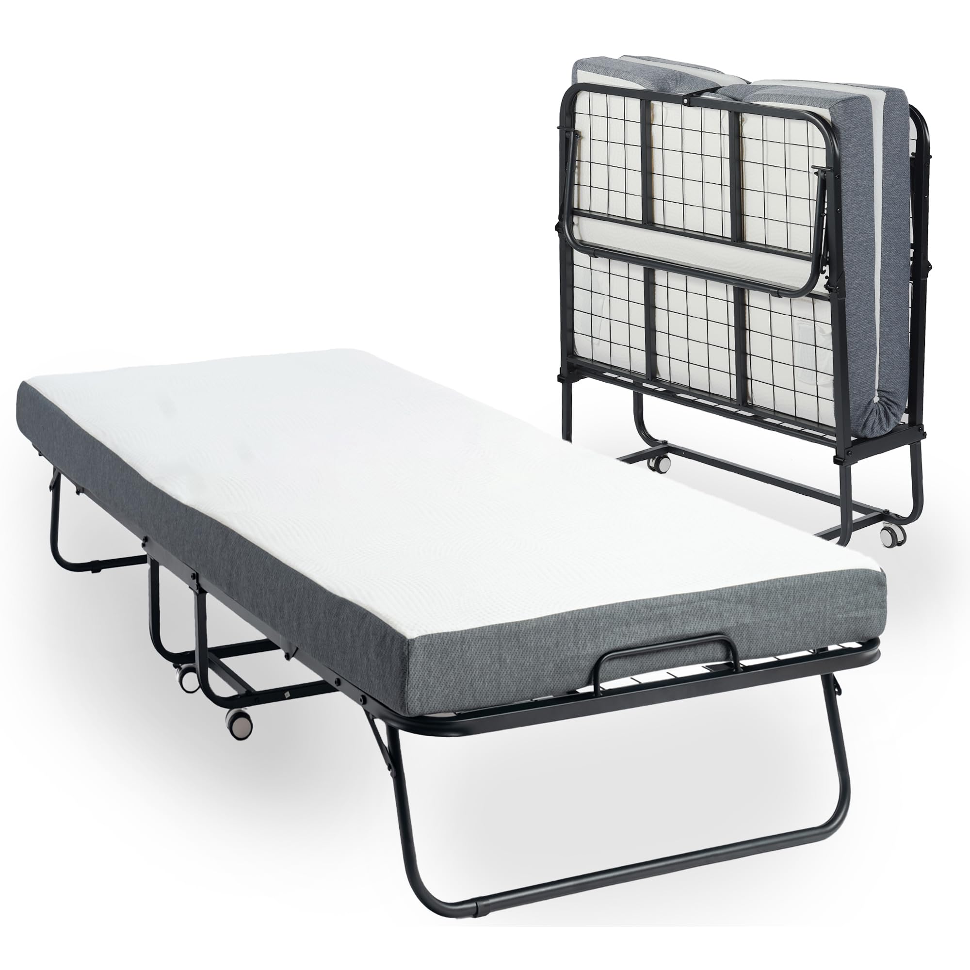 Photo 1 of Folding Bed with Mattress, 75x38 Twin Size Bed Frame with Wheels Portable Foldable Rollaway Fold Up Space Saving, 5-inch Thick Memory Foam Mattress White, Black Sturdy Metal Frame