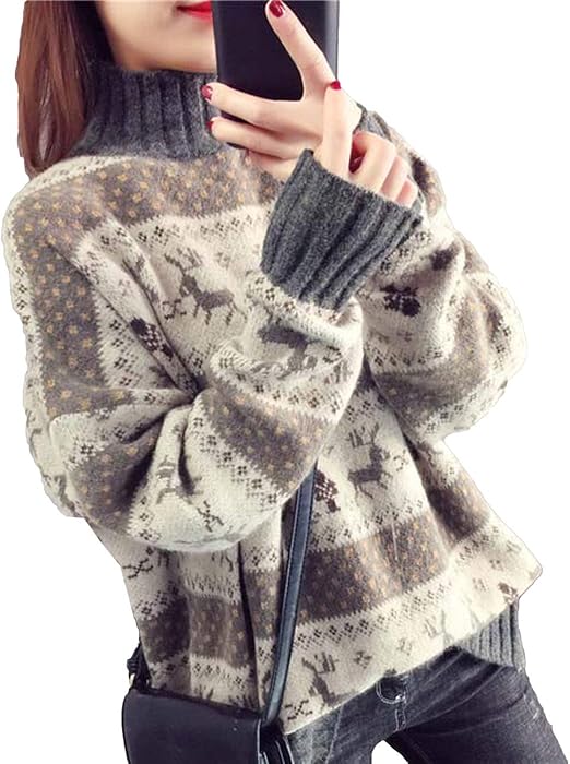 Amazon Zuomaレディース セーター ニットシャツ ジャガードニット レイジースタイル クリスマス鹿 ボーダー柄 ハイネック 通勤 ブラウス 毛糸 01 ワンサイズ セーター 通販