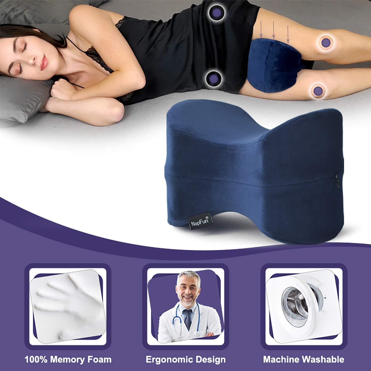 napfun Knee Pillow Between Legs for Sleeping, Orthopedic Knee Pillow for Side Sleepers&100% Pure Memory Foam Leg Pillow for Sciatica Pain Relief, Hip Pain, Back Pain, 1 Pcs, Dark Blue: Home & Kitchen