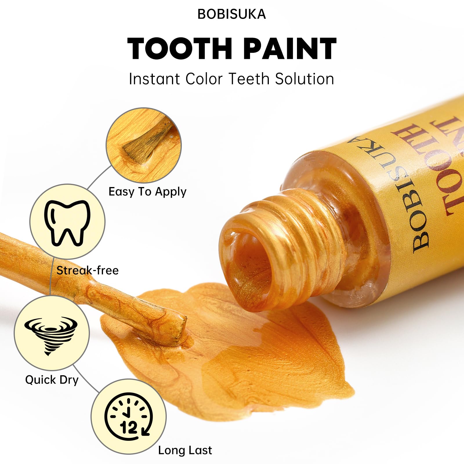 BOBISUKA Gold Tooth Paint, Professional Gold Costumed Teeth Paint - No Streak, Safe, Long Last SFX Tooth Makeup Paint, Perfect for Cosplay, Halloween Makeup, Theater, and Special Effects (5 ml)