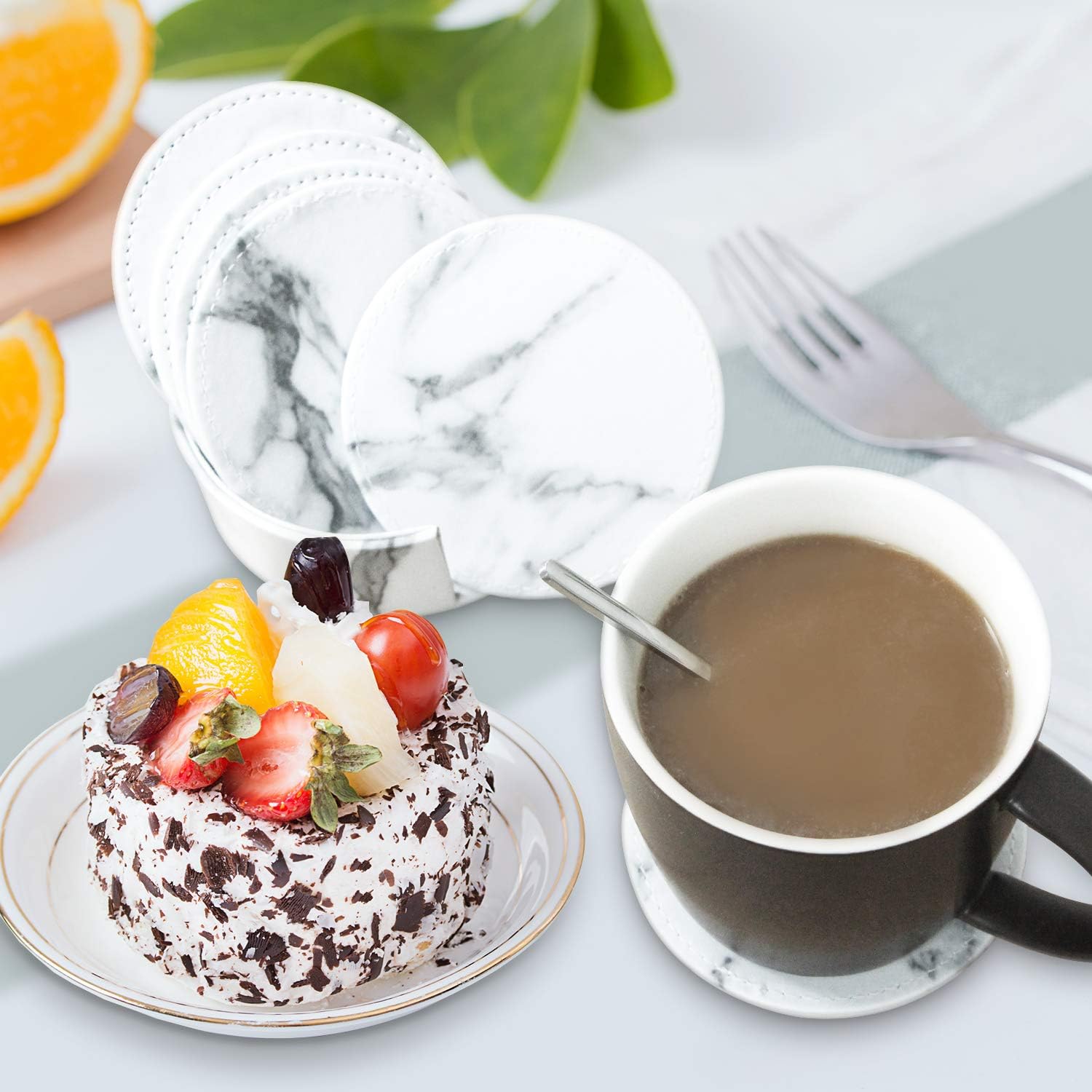 VEHHE PU Leather Coasters for Drinks, Marble Coasters with Holder, 6 Pack Round Cup Coasters Protect Furniture Away from Stain and Scratches, for Home or Bar Use, Housewarming Gift: Home & Kitchen