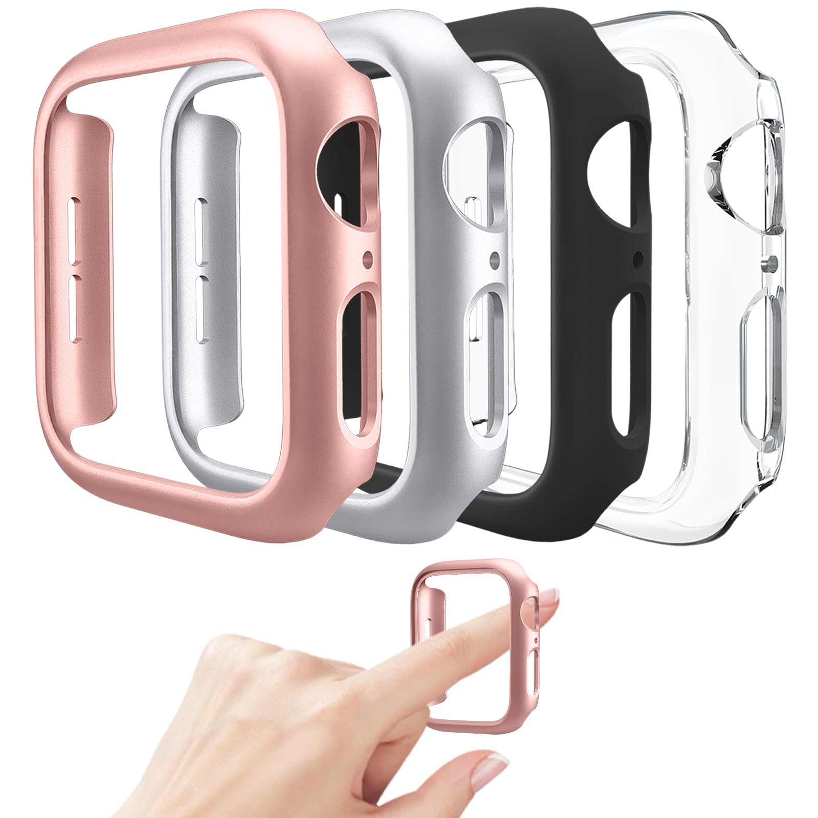 Mugust 4 Pack Compatible for Apple Watch Case 45mm [NO Screen Protector] Series 8 7, Hard PC Bumper Case Protective Cover Frame Compatible for iWatch 8 7(Black/Rose Gold/Silver/Clear)