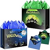 JWSCYSY 2Pack 12.6" Halloween Pumpkin Gift Bag with Card and Tissue Paper, Large Trick or Treat Gift Bags for Kids Adults Party Favor (Blue, Green)