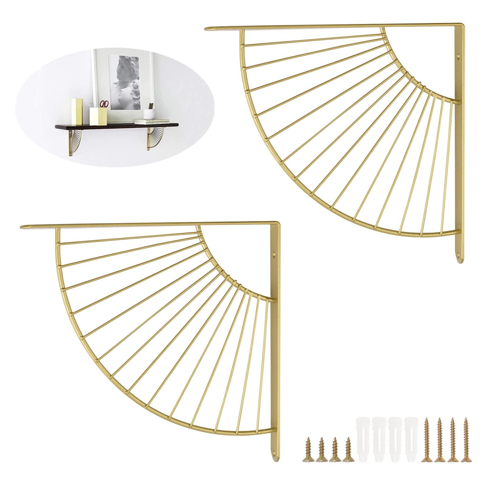 MOROBOR 2PCS Metal Craft Gold Bracket Floating Shelves Fan-Shaped Shelf Brackets Wall Hanging Decoration Sector Bracket for Home Office Restaurant Decor, Gold-25CM