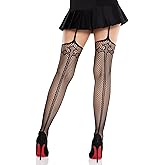 Leg Avenue Women’s Sinful Cross-Accented Black Fishnet Stockings for Women with Attached Garter Belt, Black, One Size