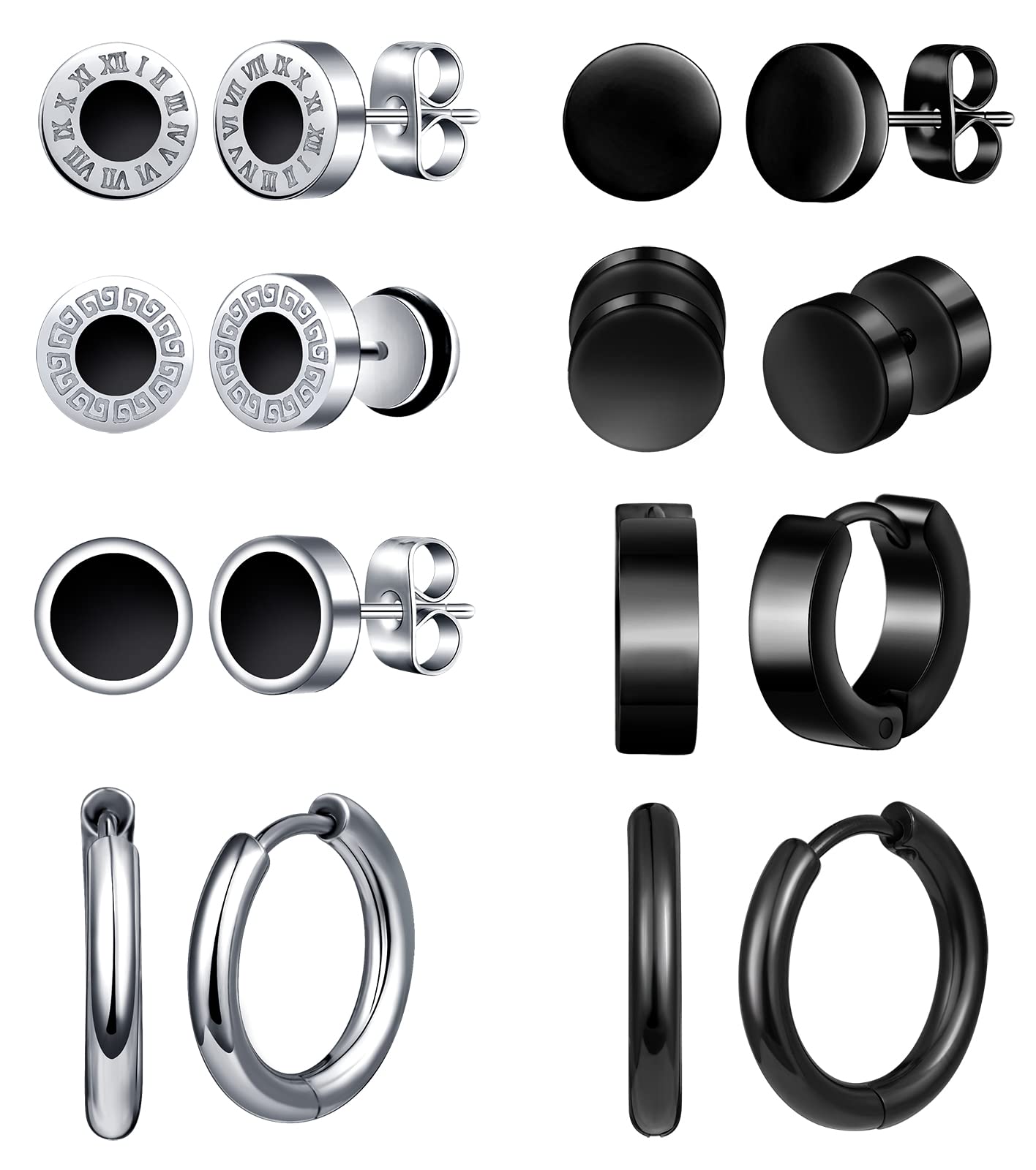 feilok 8 pair Earrings for Men black Stud Earrings Mens Earrings Kit Stainless Steel Earrings Set Jewelry Piercings for Man woman