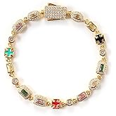 Lulu Mel 6mm Colorful Zirconia Cross Bracelet, Gold Plated Tennis Chain Geometric Gemstone Diamond Bracelet Trendy Charm Jewelry for Women Men