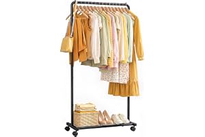 Sakugi Clothes Rack - Clothing Rack with Storage Mesh Shelf & Casters, Heavy-Duty Metal Clothing Rack for Hanging Clothes, Dresses, Coats, Large Load Capacity, Easy Assembly, Black, 28.0"x16.9"x59.0"