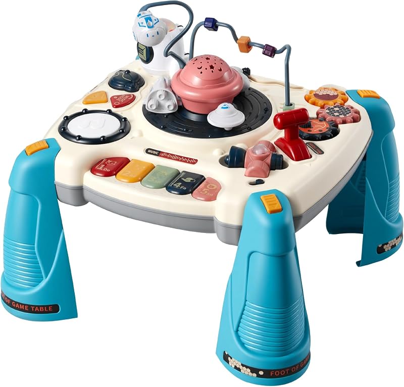 Tavolo Attività Giocattoli per Bambini 12 Giochi, con Modalità Pianoforte e Pulsante Percussioni, Scrivania per Attività a Forma di Astronave con Oltre 60 Sorgenti Sonore, Regalo di Compleanno