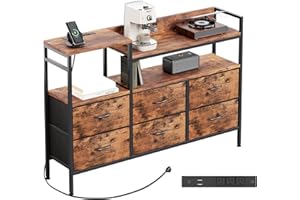 CAIYUN Dresser for Bedroom with 6 Fabric Drawers, 52" Wide Chest of Drawers with Power Outlet, TV Stand with Storage Shelf, C