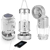 Camping Lantern with Fan, Flashlight Lantern Collapsible-USB Rechargeable, Solar &amp; Battery Powered Camping Lampp for Picnic, Barbecue, Fishing, Travel Rechargeable Emergency Light (Silver)
