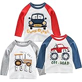 VZF Toddler Boys Color Block Long Sleeve Shirts 3-Pack Cotton Dinosaur&Car Print Boy's T-Shirts Spring/Fall for 18M-9Y