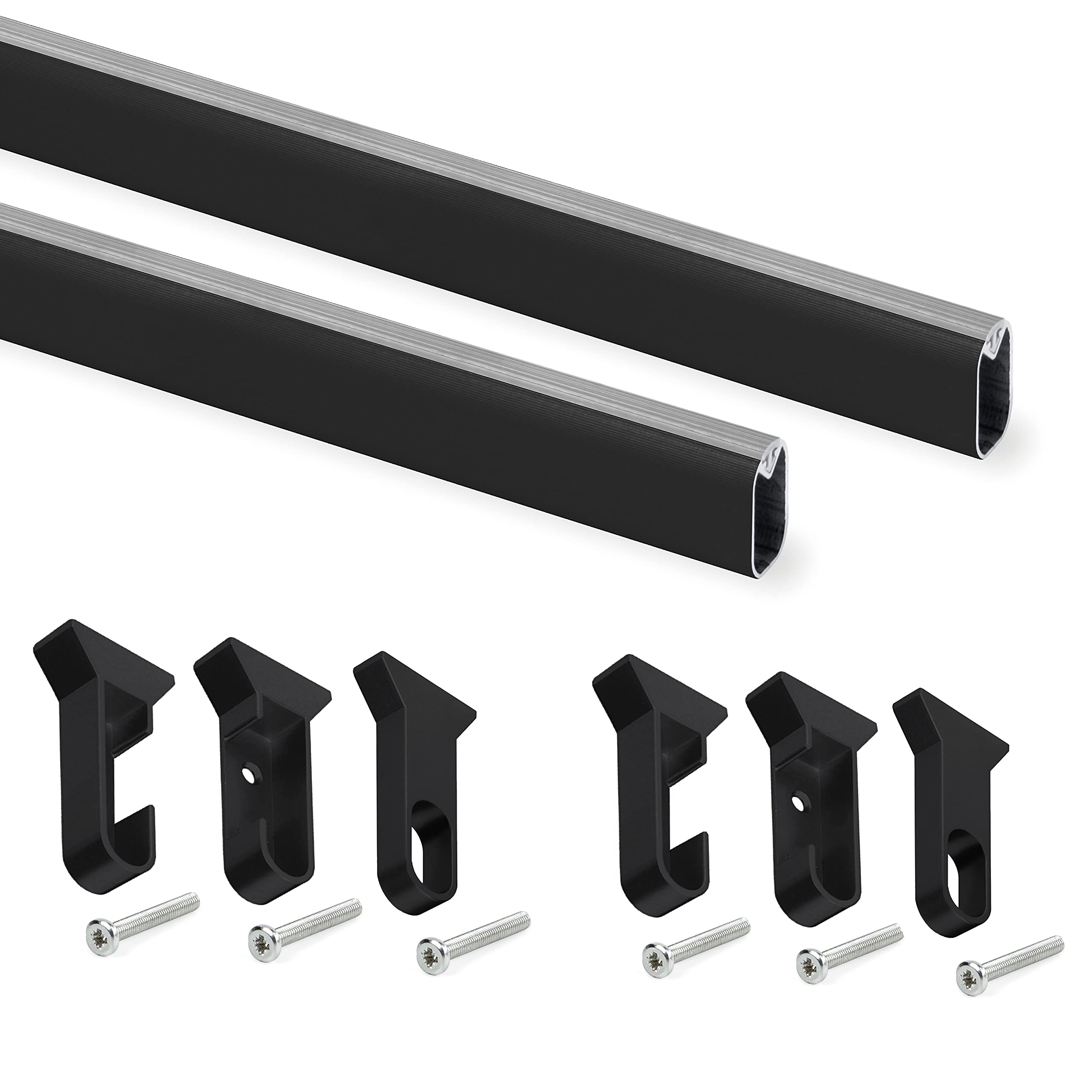 Emuca - Wardrobe hanging rail kit, 1150 mm (45 inch), Black painted, Aluminium and Plastic, Pack of 2