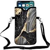 Braytow Universal Neoprene Cell Phone Pouch 7.1 X 4 in Mobile Protection Case Bag with Crossbody Strap/Neck Lanyard Black Marble Printed Pattern