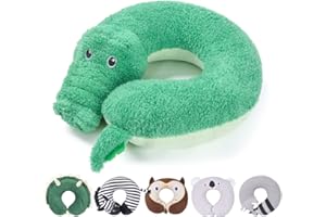 H HOMEWINS Travel Pillow for Kids,Cute Animal Neck Pillow for Boys Girls,Soft Neck Head Chin Support Pillow,Travel Accessories for Airplane, Car, Train,Recline (Crocodile)