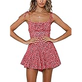 Jeanewpole1 Women's Boho Floral Wide Leg Short Romper Spaghetti Strap Smocked Jumpsuit