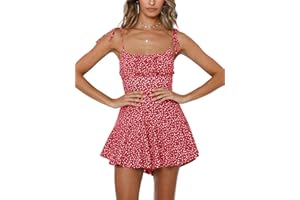 Jeanewpole1 Women's Boho Floral Wide Leg Short Romper Spaghetti Strap Smocked Jumpsuit