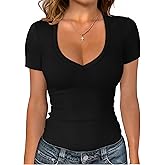 Sampeel Short Sleeve Shirts for Women V Neck Summer Ribbed Tshirts 2026 Slim Fit Spring Fashion Going Out Basic Tees