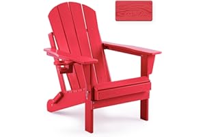 Serique Folding Adirondack Chair, Patio Chair Weather Resistant, Outdoor Chair Wood Texture, Lawn Chair with Cup Holder, Fire Pit Chair for Deck, Outdoor, Porch, Backyard, Garden (Red)