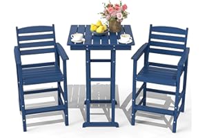 NAVINE 3-Piece Adirondack Bar Table and Chair Set, HDPE All-Weather Bar Height Chairs Set of 2 with Bar Table, Outdoor High Top Patio Bar Set for Bistro, Balcony, Patio, Poolside, Navy Blue