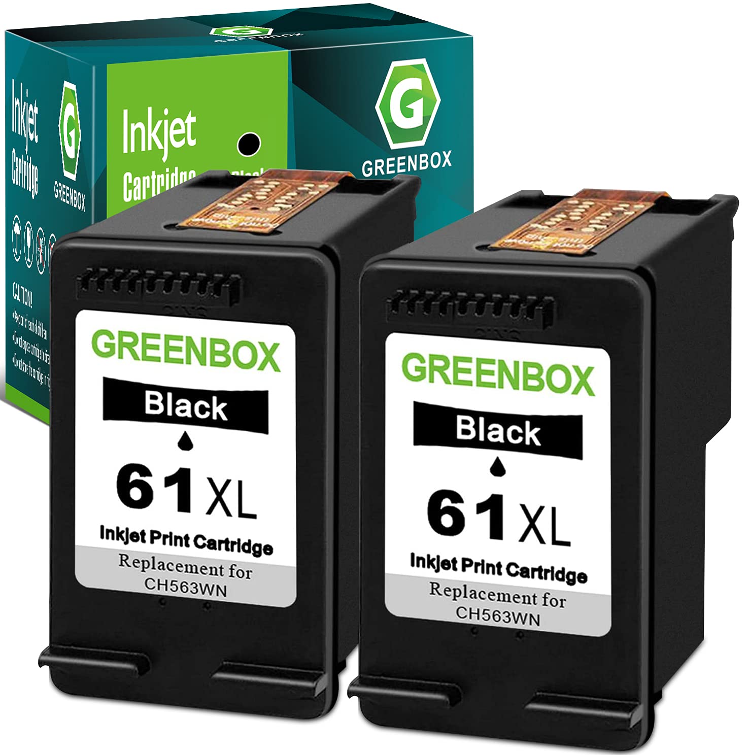 Photo 1 of GREENBOX 61XL Black Ink Cartridges Combo Pack Replacement for HP 61 Ink for Envy 4500 5530 4502 Officejet 4630 4635 Deskjet 1000 1010 Printer, 2 Pack