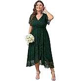 SCOMCHIC Womens Plus Size Wedding Guest Dress Formal Lace Wrap V Neck High Low Short Sleeve Cocktail Maxi Dresses XL-4XL