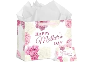 Yoirrat Mother's Day Flower Gift Bags White and Pink Happy Mother's Day Floral Gift Bags with Handle Gift Bags with Wrapping Paper Card Large Mothers Day Paper Bags Mothers Day Gifts Party Supplies