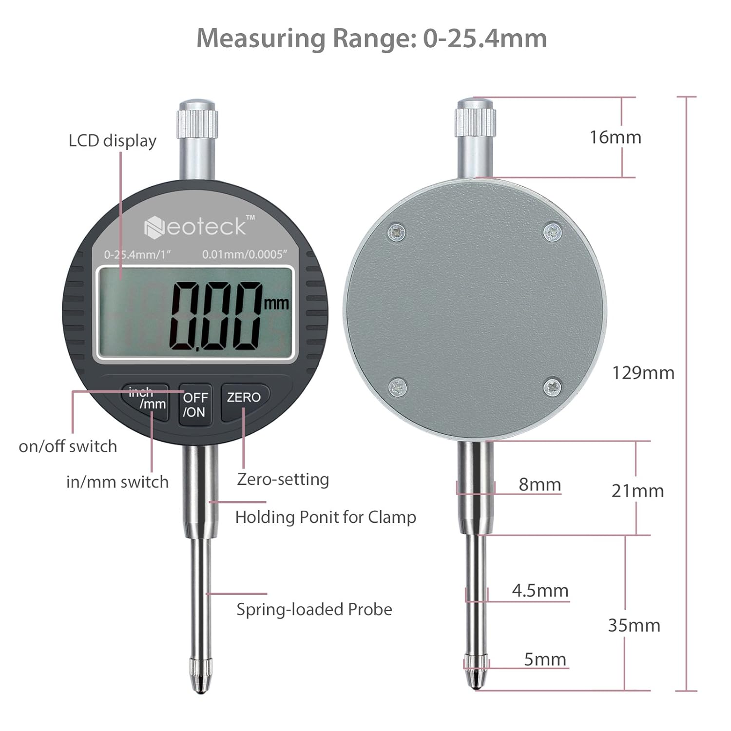 Neoteck DTI Digital Dial Indicator Probe 0.0005”/0.01mm Test Gauge