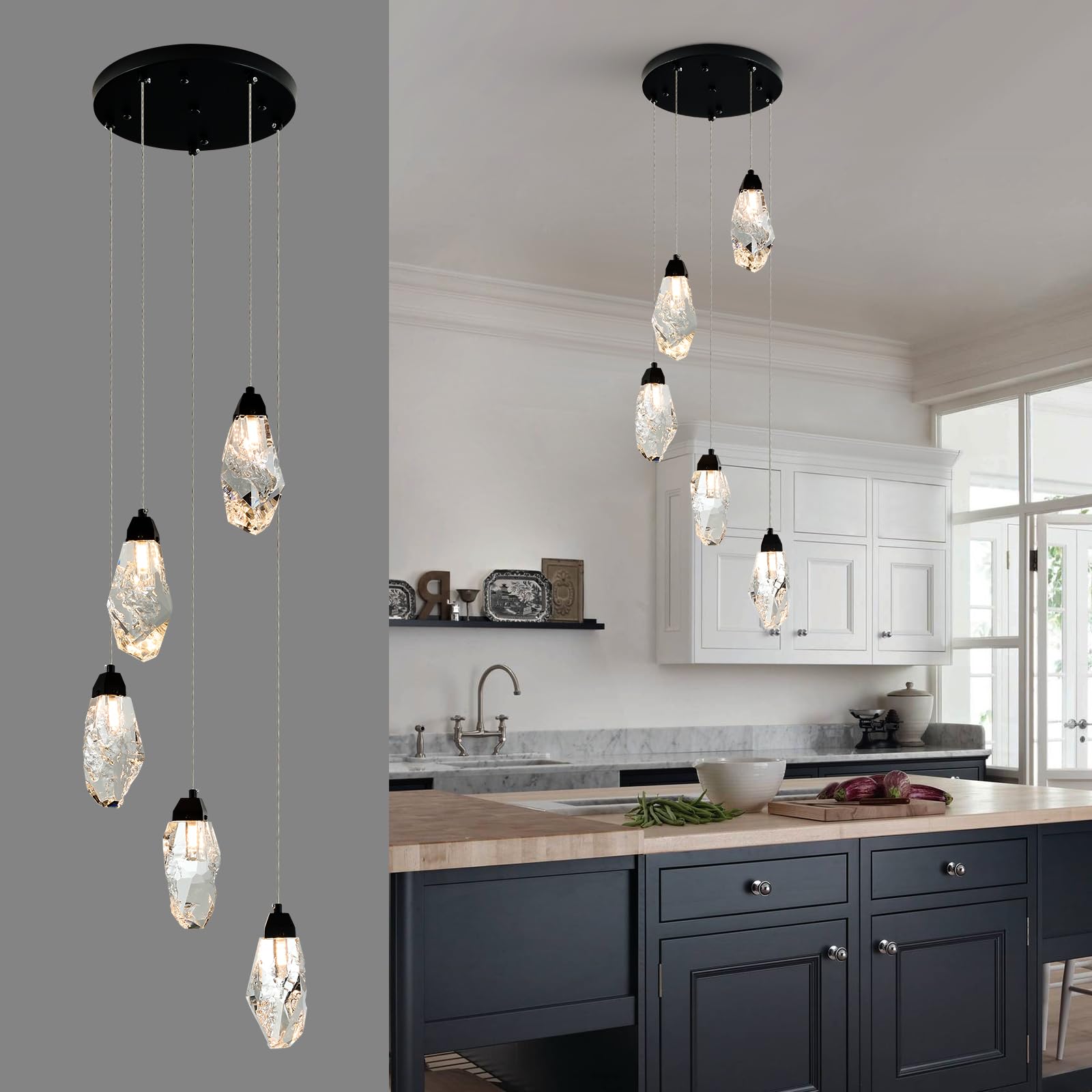 Photo 1 of KOKAiZeeKi 5-Light Modern Crystal Chandelier Dimmable Pendant Light Fixture with Black Teardrop Design Diamond Pendant Lighting for Kitchen Island, Dining Room, Hallway, Bathroom