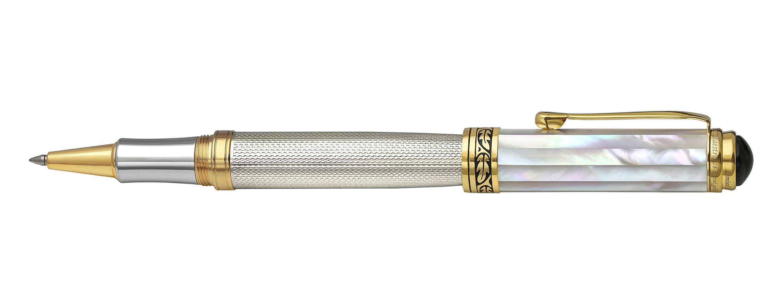 Xezo Maestro Rollerball Pen, Fine Point. Solid 925 Sterling Silver with Oceanic White Mother of Pearl and Pure Platinum Plating. Handcrafted, Limited Edition, Serialized