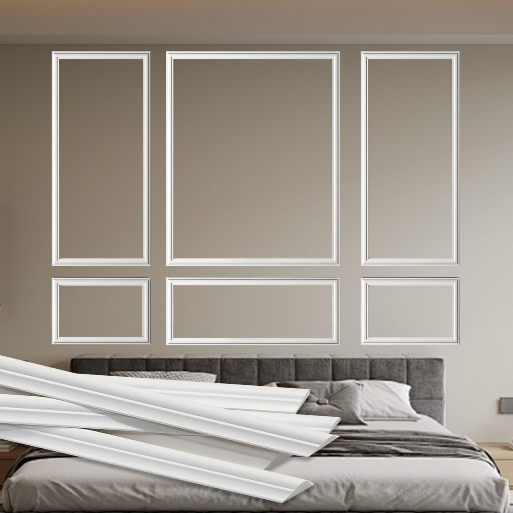 Photo 1 of Coengwui 6-Frame Pre-Cut Wall Molding Kit, Premade Accent Wainscoting Panels for Living Room, Bedroom, Chair Rail Moulding Trim (Style 1)