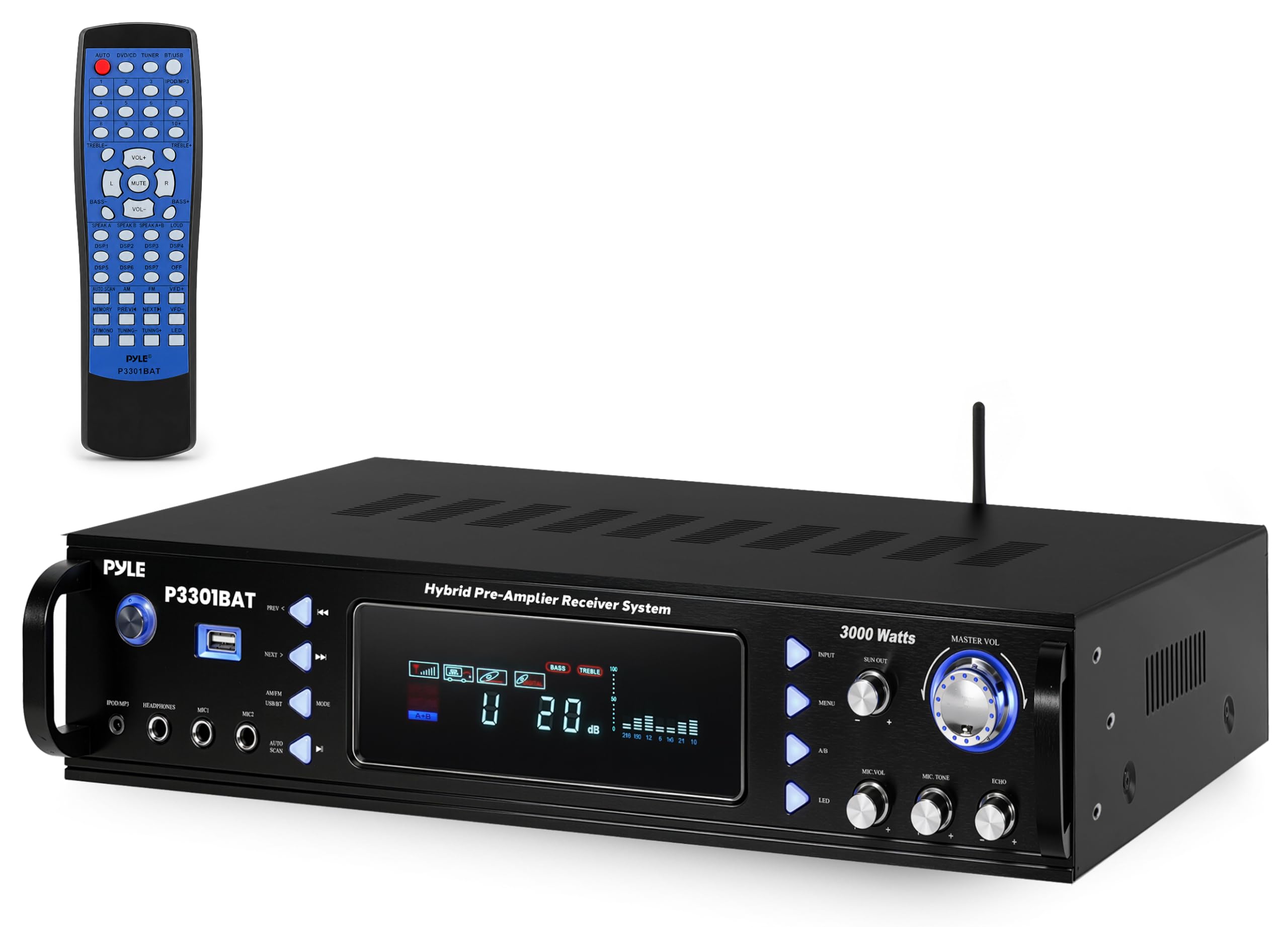 Pyle Amplificador estéreo Bluetooth para el hogar - Amplificador de potencia híbrido multicanal de 3000 vatios Sistema receptor de audio para el hogar con radio AM/FM, MP3/USB, AUX, RCA Karaoke Mic in - Montaje en rack, control remoto - P3301BAT