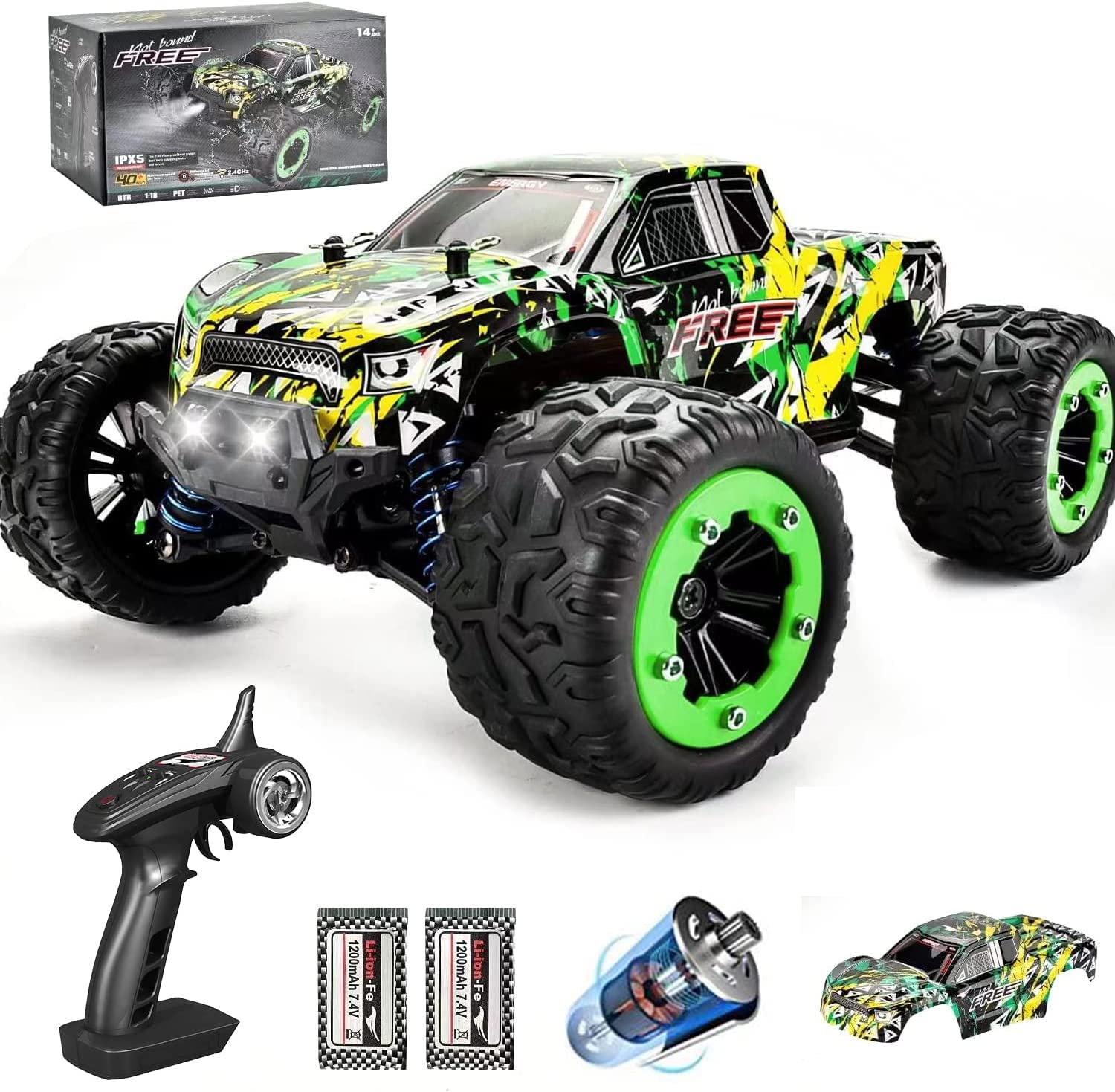 WIAORCHI 1:18 Scale 2.4Ghz All-Terrain RC Cars, 40KM/H High Speed 4WD Remote Control Car for Adults Kids, Waterproof Off -Road RC Monster Trucks with 2 Batteries for 40Min Play, RC Toys Gifts for Boys