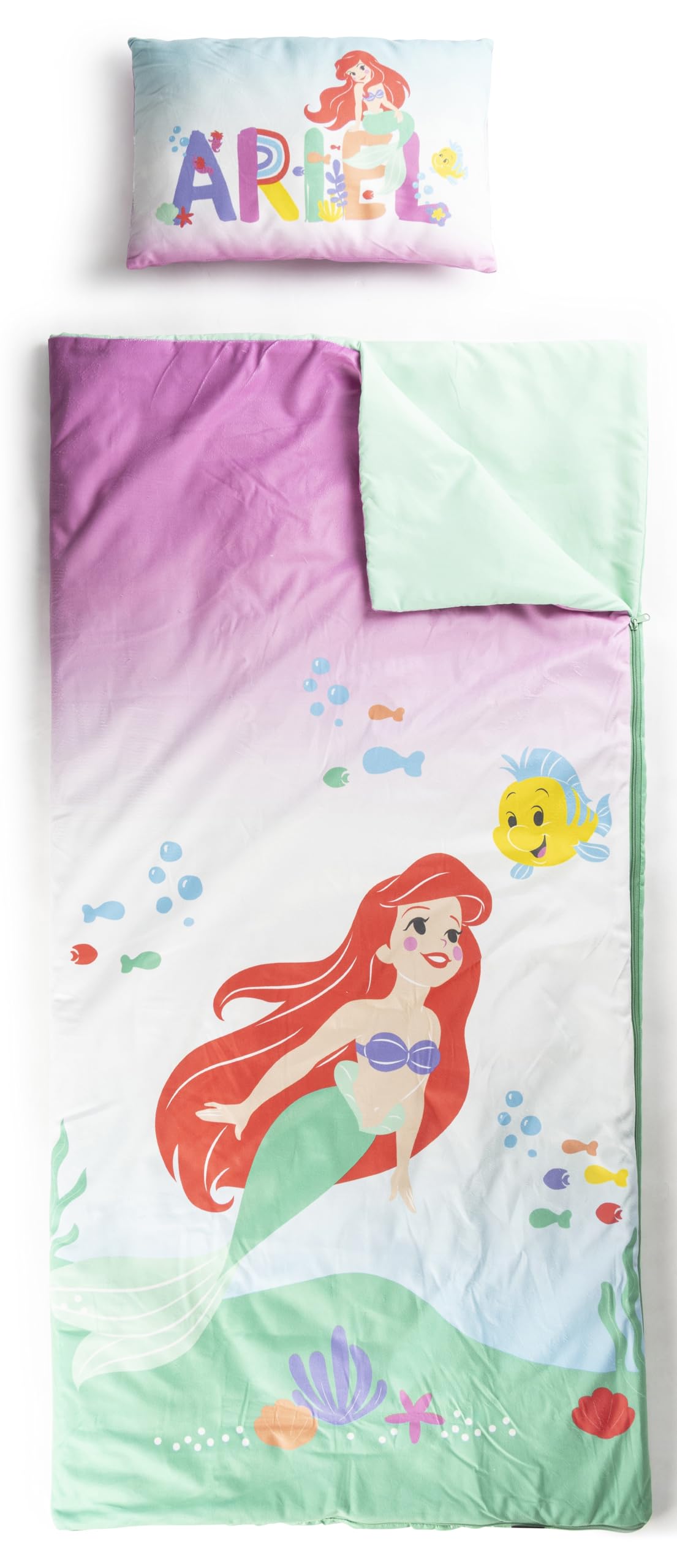 Jay Franco Disney Little Mermaid Children’s Slumber Bag & Pillow Set – Princess Ariel Cosy (137 x 61 cm) Sleeping Bag with (43 x 28 cm) Pillow, Ideal for School Trips & Sleepovers – 2-Piece Set